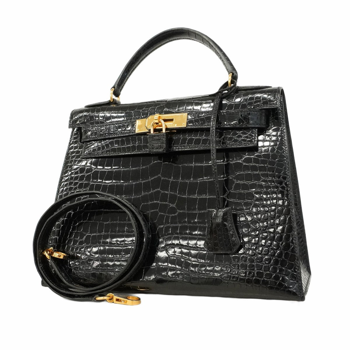 【5eb1835-g】エルメス ハンドバッグ ケリー28 ポロサス ブラック ゴールド金具【中古】レディース