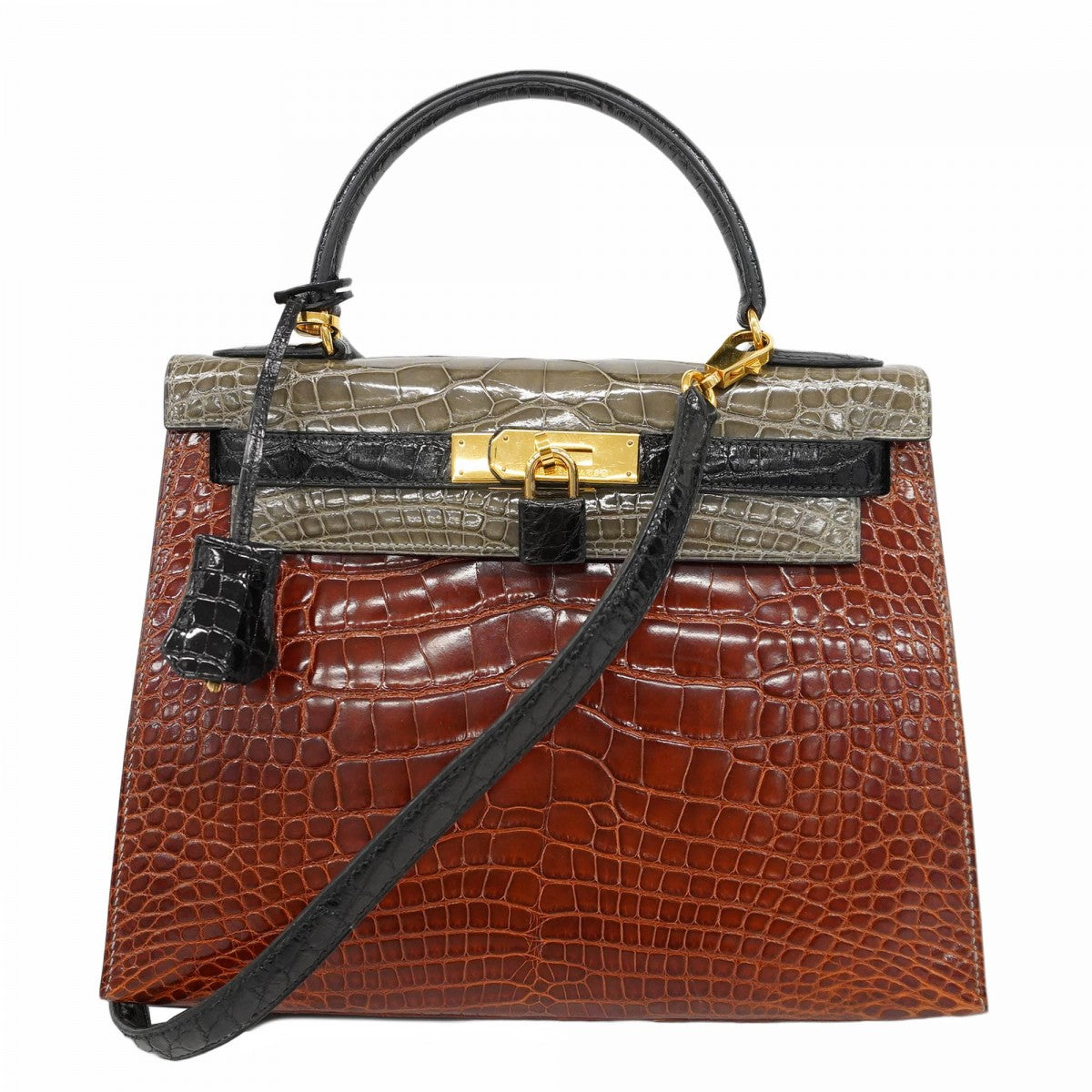 ★SALE【5gc0713-2-g-h】エルメス ハンドバッグ ケリー28トリコロール アリゲーター ブラック ブラウン グレー ゴールド金具 ○X刻印【中古】レディース
