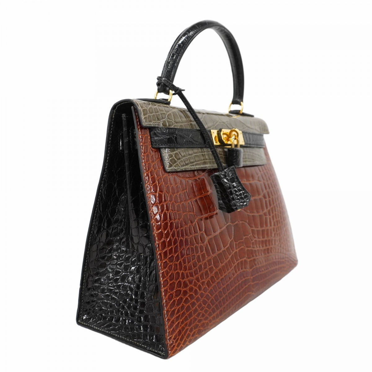 ★SALE【5gc0713-2-g-h】エルメス ハンドバッグ ケリー28トリコロール アリゲーター ブラック ブラウン グレー ゴールド金具 ○X刻印【中古】レディース