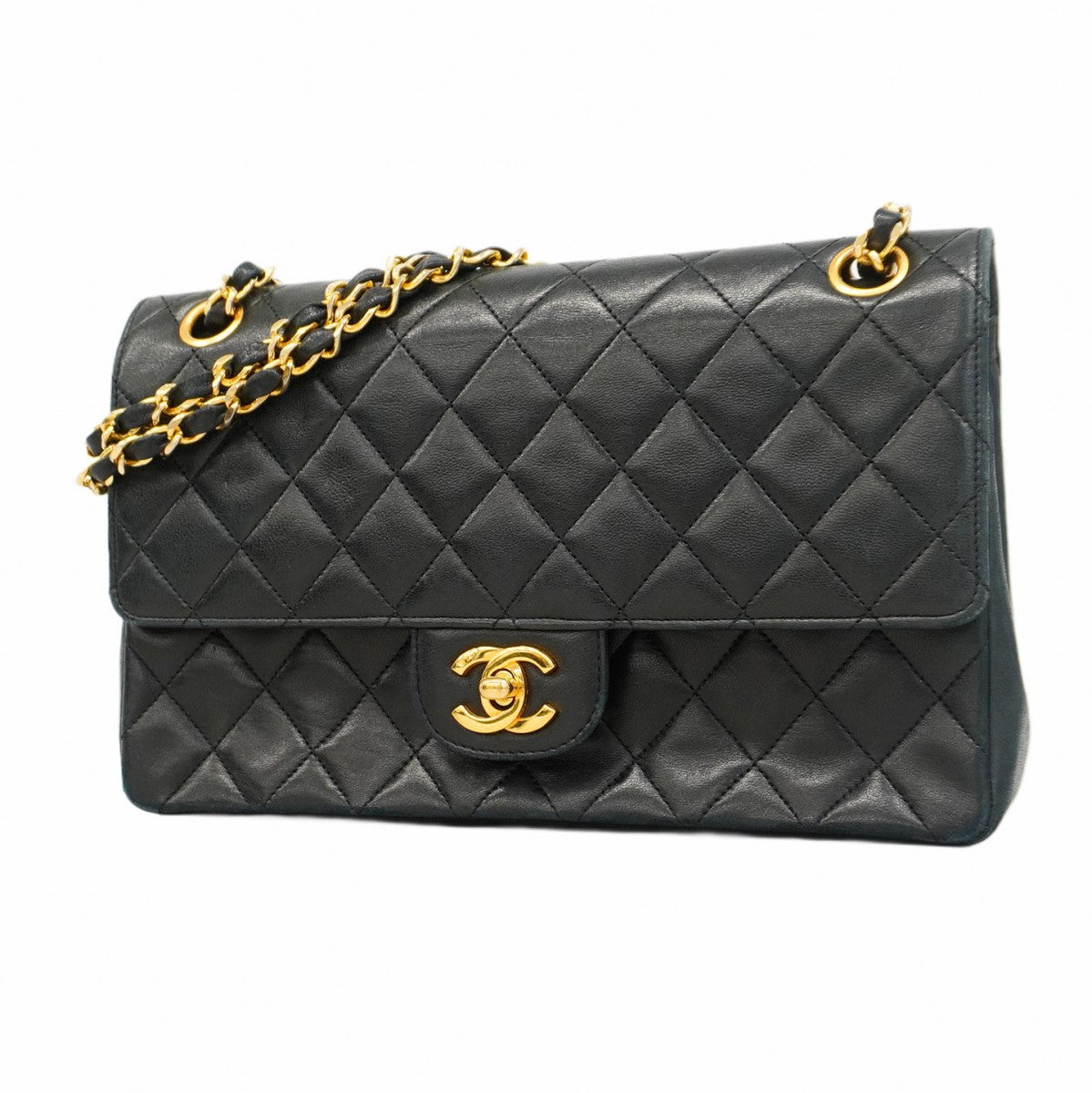 ★SALE【5gd5248-h】シャネル ショルダーバッグ マトラッセ Wフラップ Wチェーン ラムスキン ブラック ゴールド金具【中古】レディース