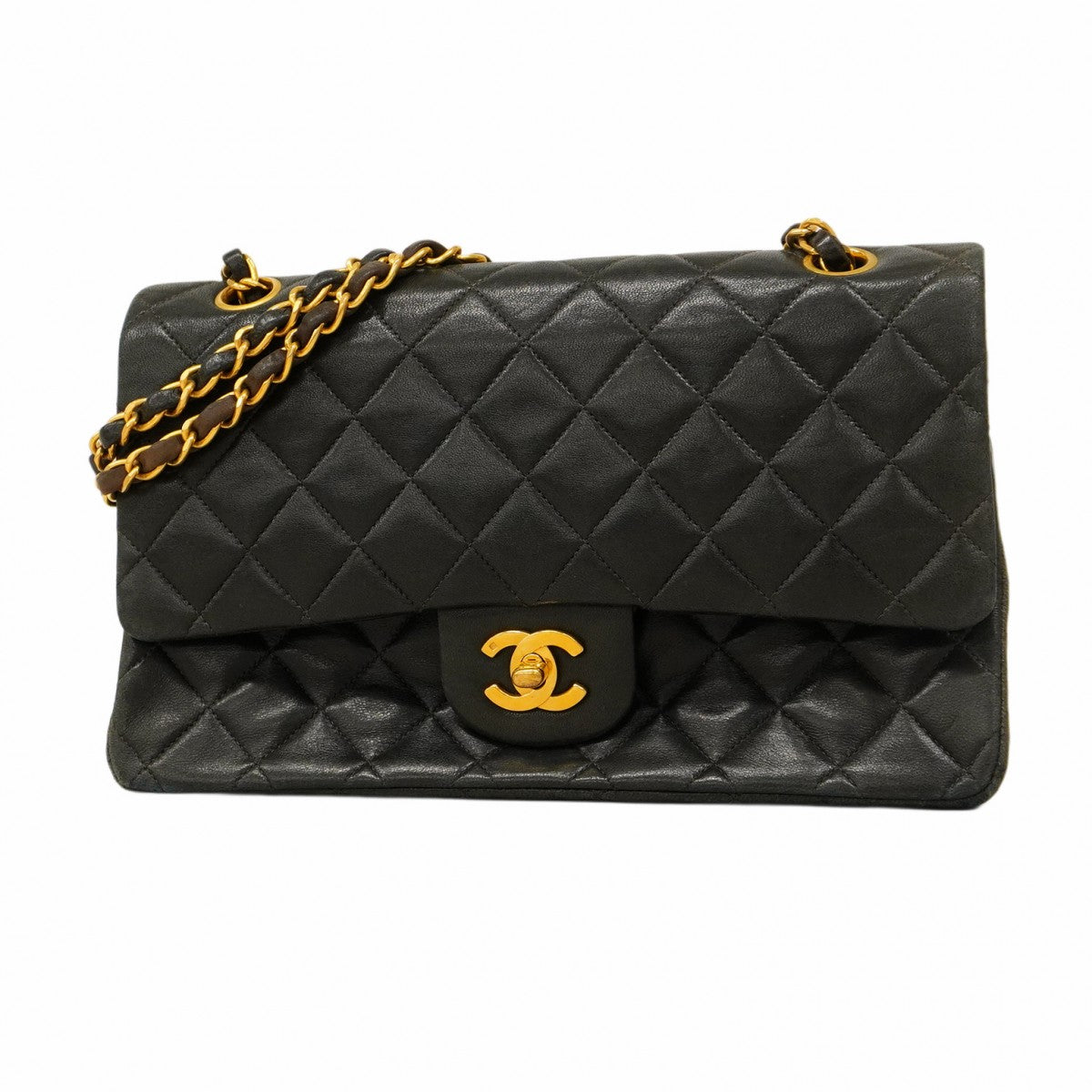 【5gd5387-h】シャネル ショルダーバッグ マトラッセ Wフラップ Wチェーン ラムスキン ブラック ゴールド金具【中古】レディース