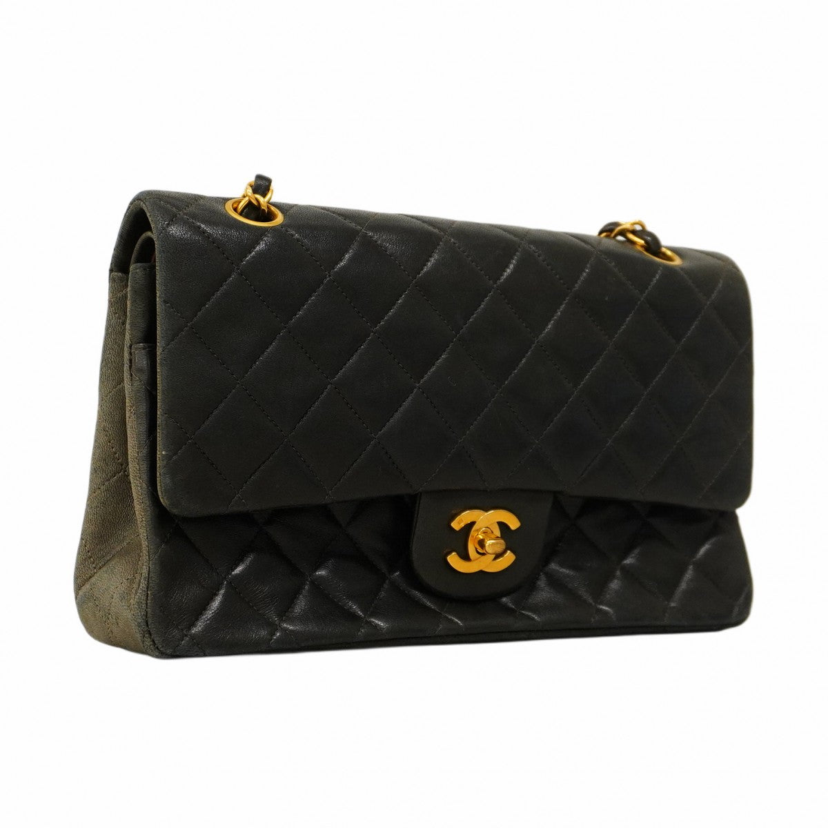 【5gd5387-h】シャネル ショルダーバッグ マトラッセ Wフラップ Wチェーン ラムスキン ブラック ゴールド金具【中古】レディース