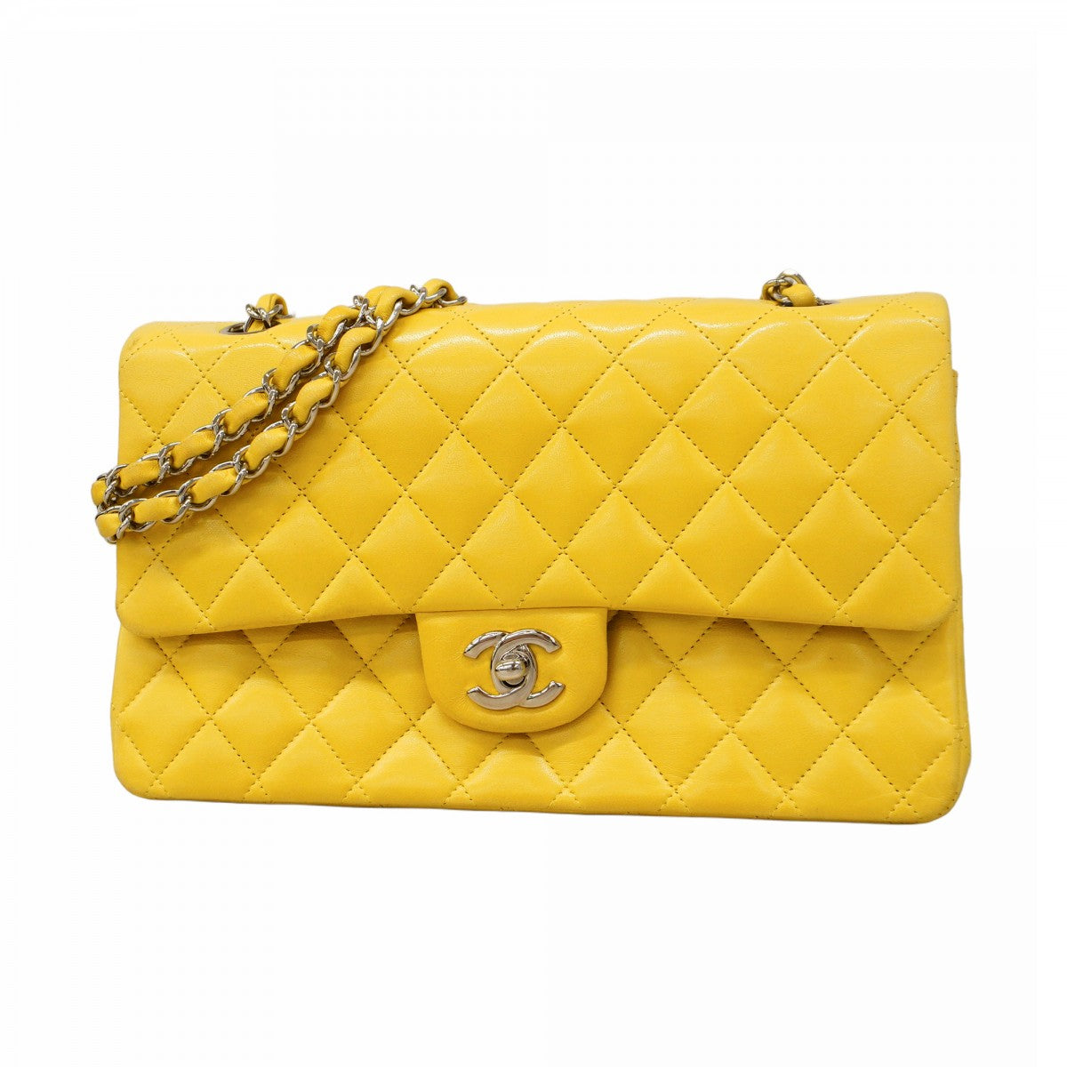 【5gd5478-h】シャネル ショルダーバッグ マトラッセ Wフラップ Wチェーン ラムスキン イエロー シルバー金具【中古】レディース