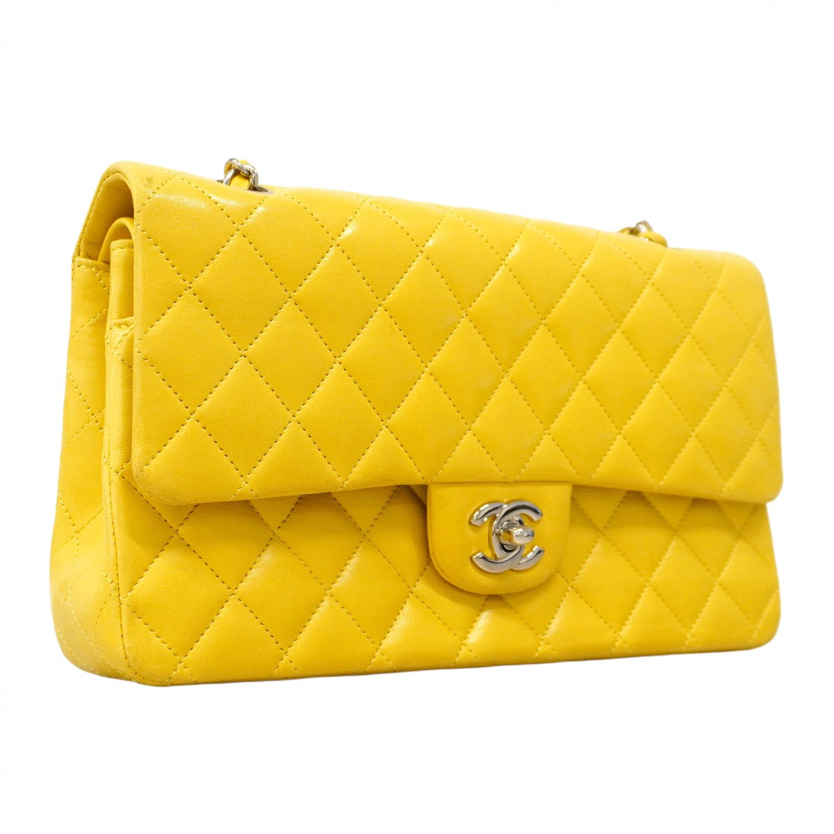 【5gd5478-h】シャネル ショルダーバッグ マトラッセ Wフラップ Wチェーン ラムスキン イエロー シルバー金具【中古】レディース
