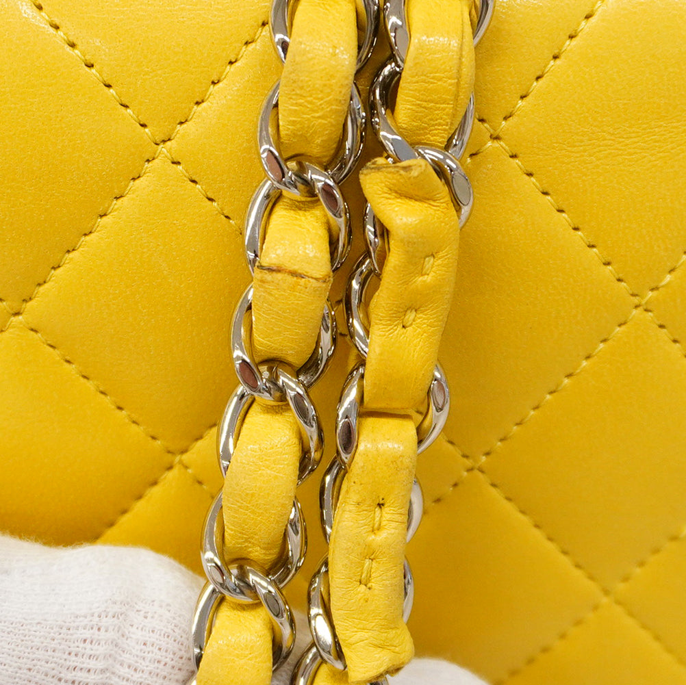 【5gd5478-h】シャネル ショルダーバッグ マトラッセ Wフラップ Wチェーン ラムスキン イエロー シルバー金具【中古】レディース