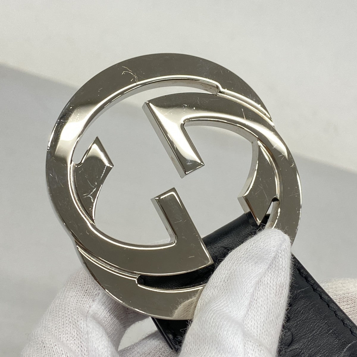 ★SALE【5ge5647-h】グッチ ベルト グッチシマ 411924 レザー ブラック シルバー金具【中古】メンズ