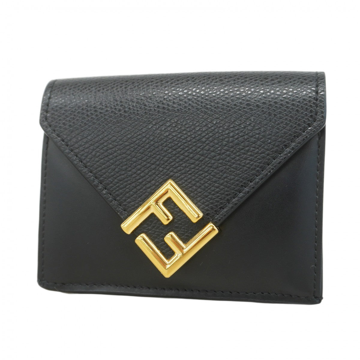 ★SALE【5ge5764-h】フェンディ 三つ折り財布 FFダイヤモンド レザー ブラック ゴールド金具【中古】レディース