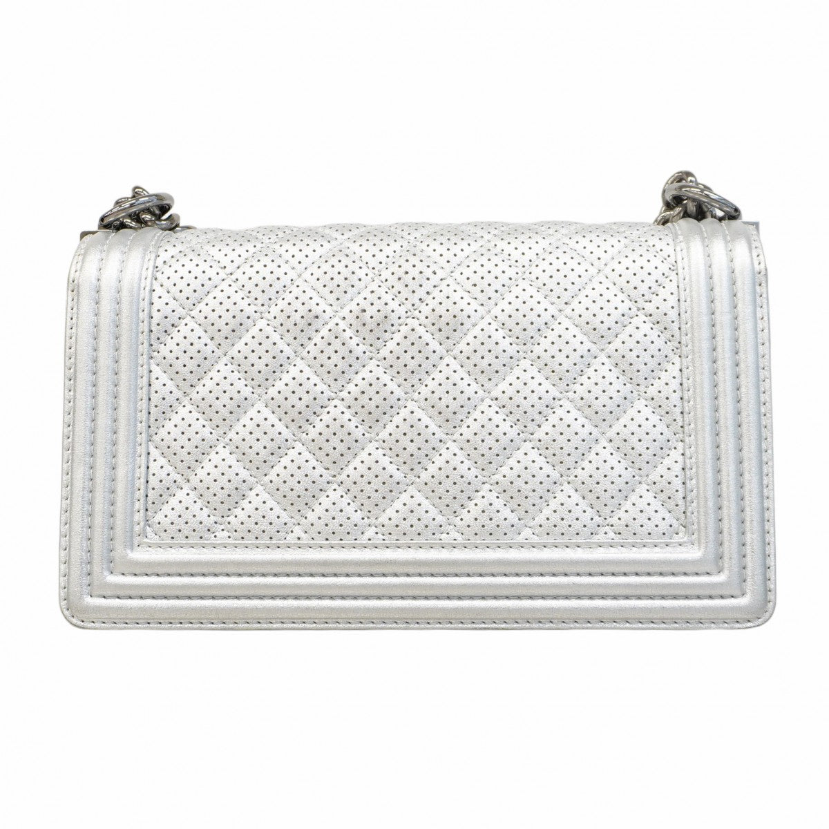 ★SALE【5ge6333-h】シャネル ショルダーバッグ ボーイシャネル チェーンショルダー パンチング レザー グレー シルバー金具【中古】レディース