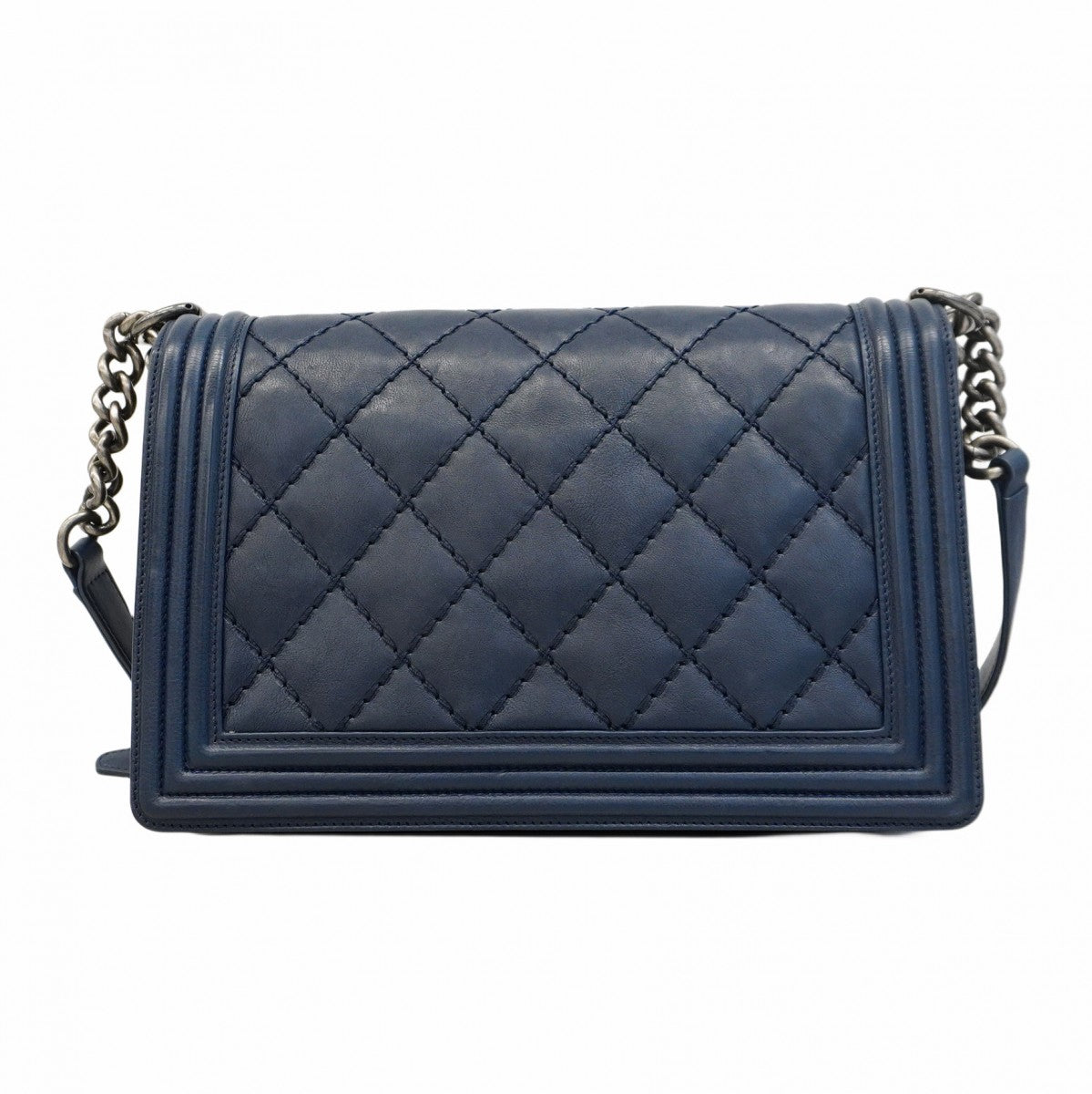 ★SALE【5ge6334-h】シャネル ショルダーバッグ ボーイシャネル/ワイルドステッチ チェーンショルダー レザー ネイビー シルバー金具【中古】レディース