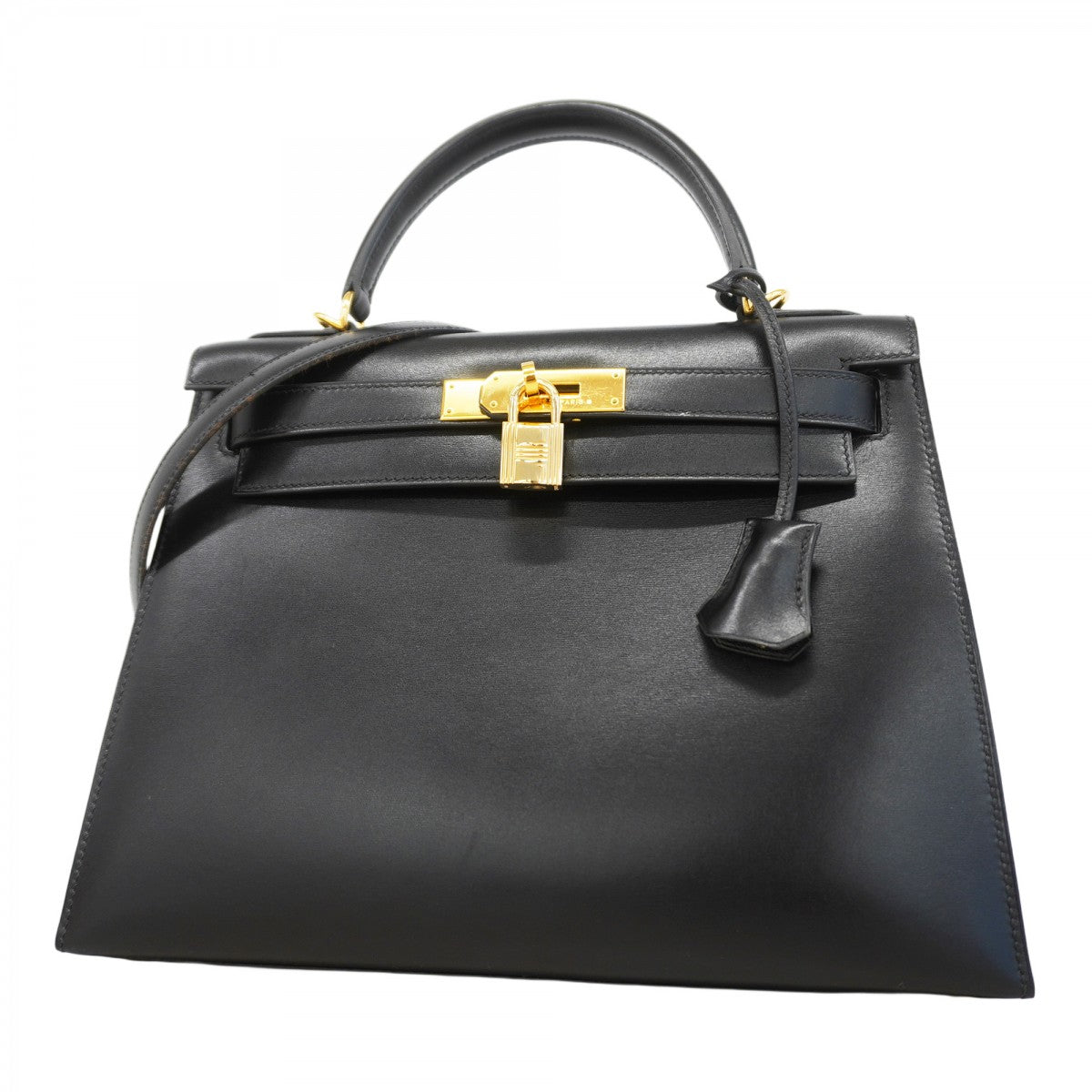 【5hc2139-h】エルメス ハンドバッグ ケリー28 ボックスカーフ ブラック ゴールド金具 □F刻印【中古】レディース
