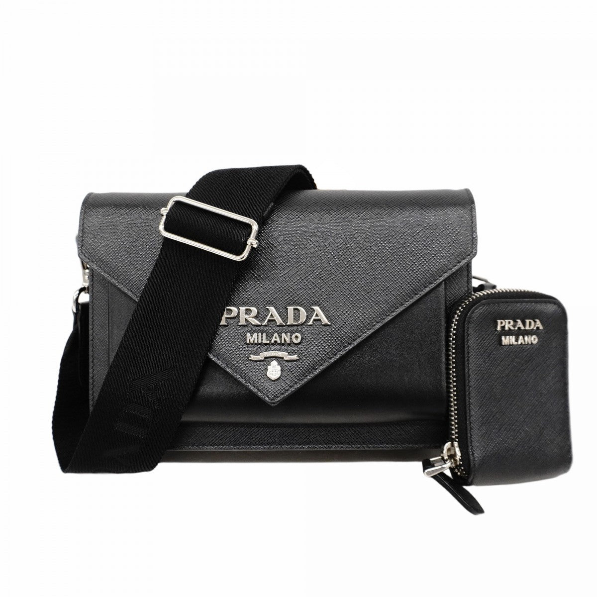 【5hc2614-h】プラダ ショルダーバッグ ミニエンベロープ レザー ブラック シルバー金具【中古】レディース