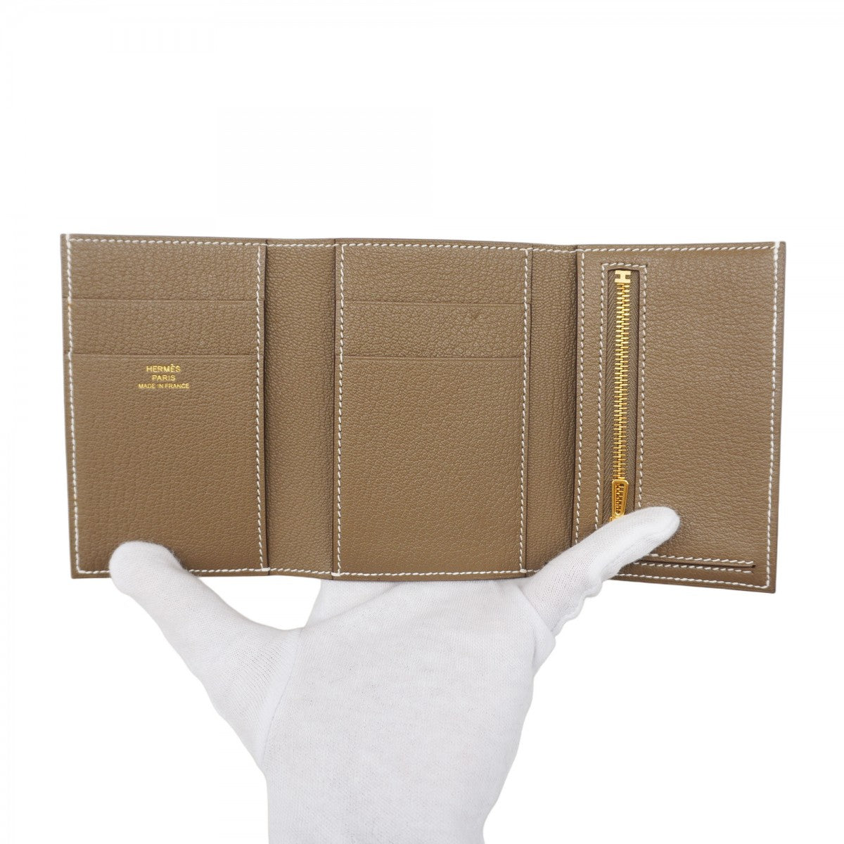 【5hc2695-h】エルメス 三つ折り財布 ベアンコンビネ シェーブル エトゥープ ゴールド金具 B刻印【中古】メンズ レディース ユニセックス