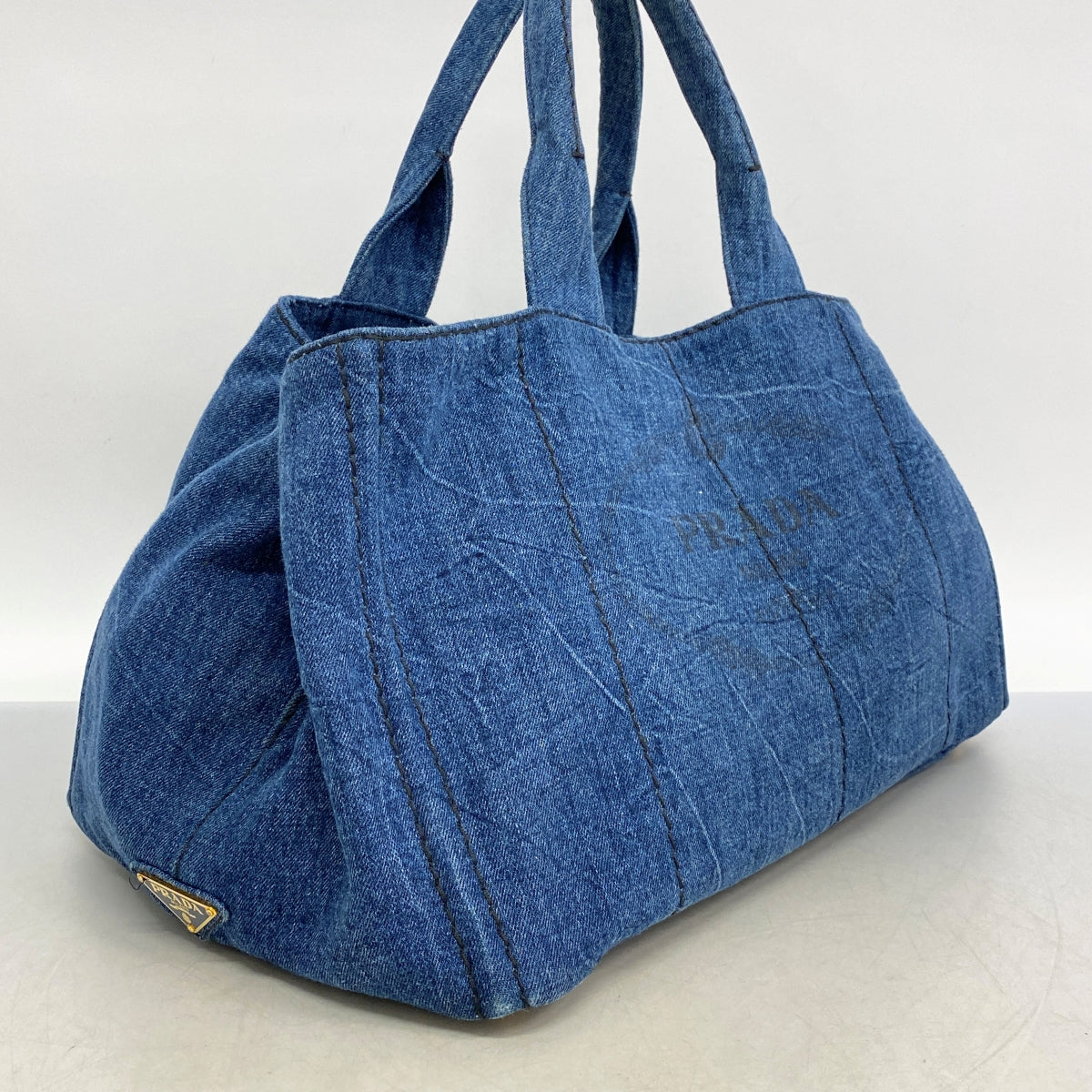 【5hd4330-h】プラダ トートバッグ カナパ デニム ブルー ゴールド金具【中古】レディース