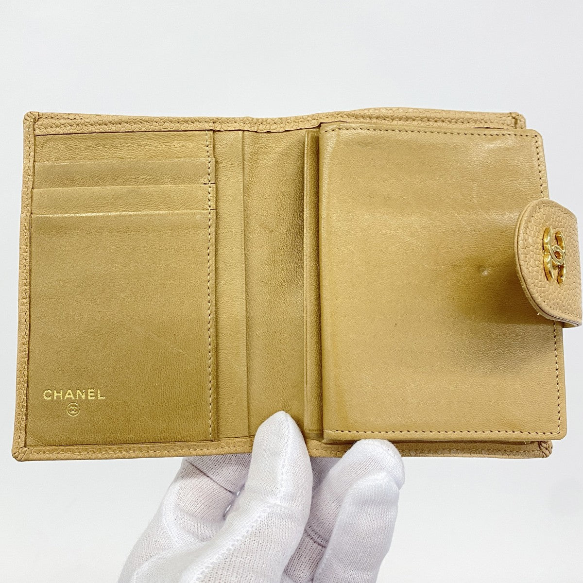 【5he4556】シャネル 財布 ビコローレ キャビアスキン ベージュ ゴールド金具【中古】レディース