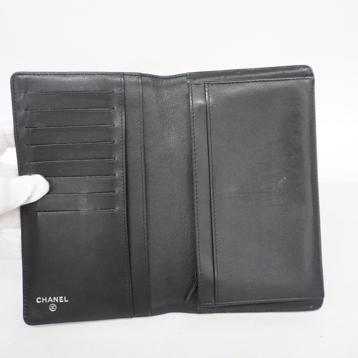 【5he4571】シャネル 長財布 キャビアスキン ブラック シルバー金具【中古】レディース