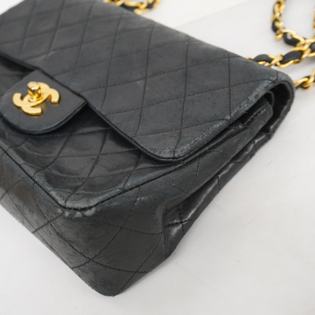 【5he4582】シャネル ショルダーバッグ マトラッセ Wフラップ Wチェーン ラムスキン ブラック ゴールド金具【中古】レディース