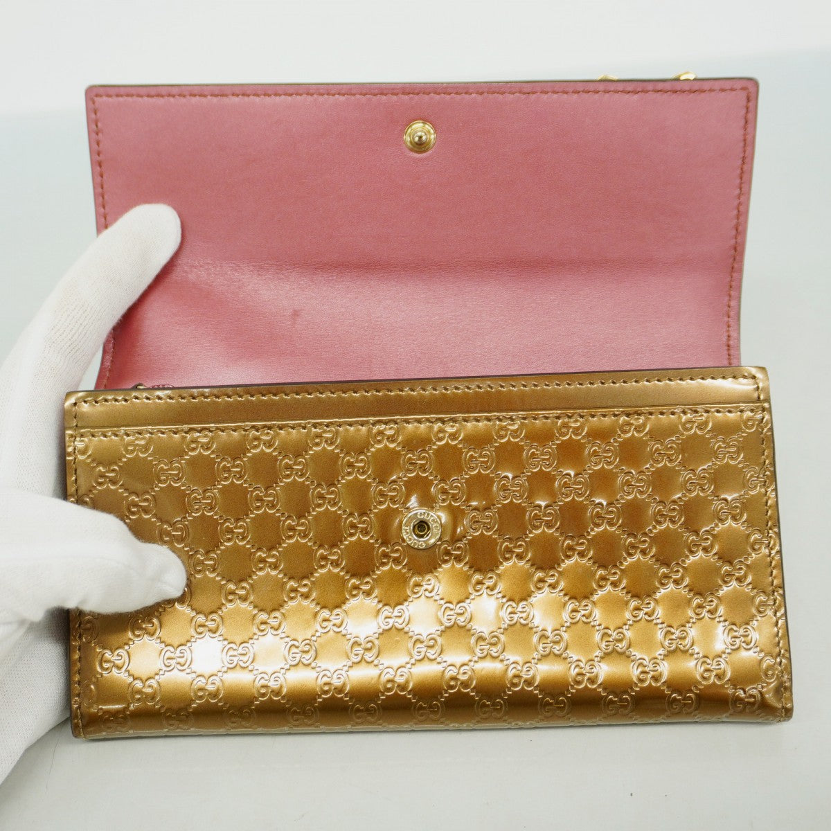 【5he4676-h】グッチ 長財布 マイクログッチシマ 258405 エナメル ブロンズ ゴールド金具【中古】レディース
