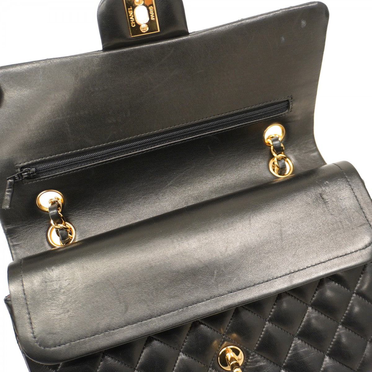 【5he4712-h】シャネル ショルダーバッグ マトラッセ Wフラップ Wチェーン ラムスキン ブラック ゴールド金具【中古】レディース