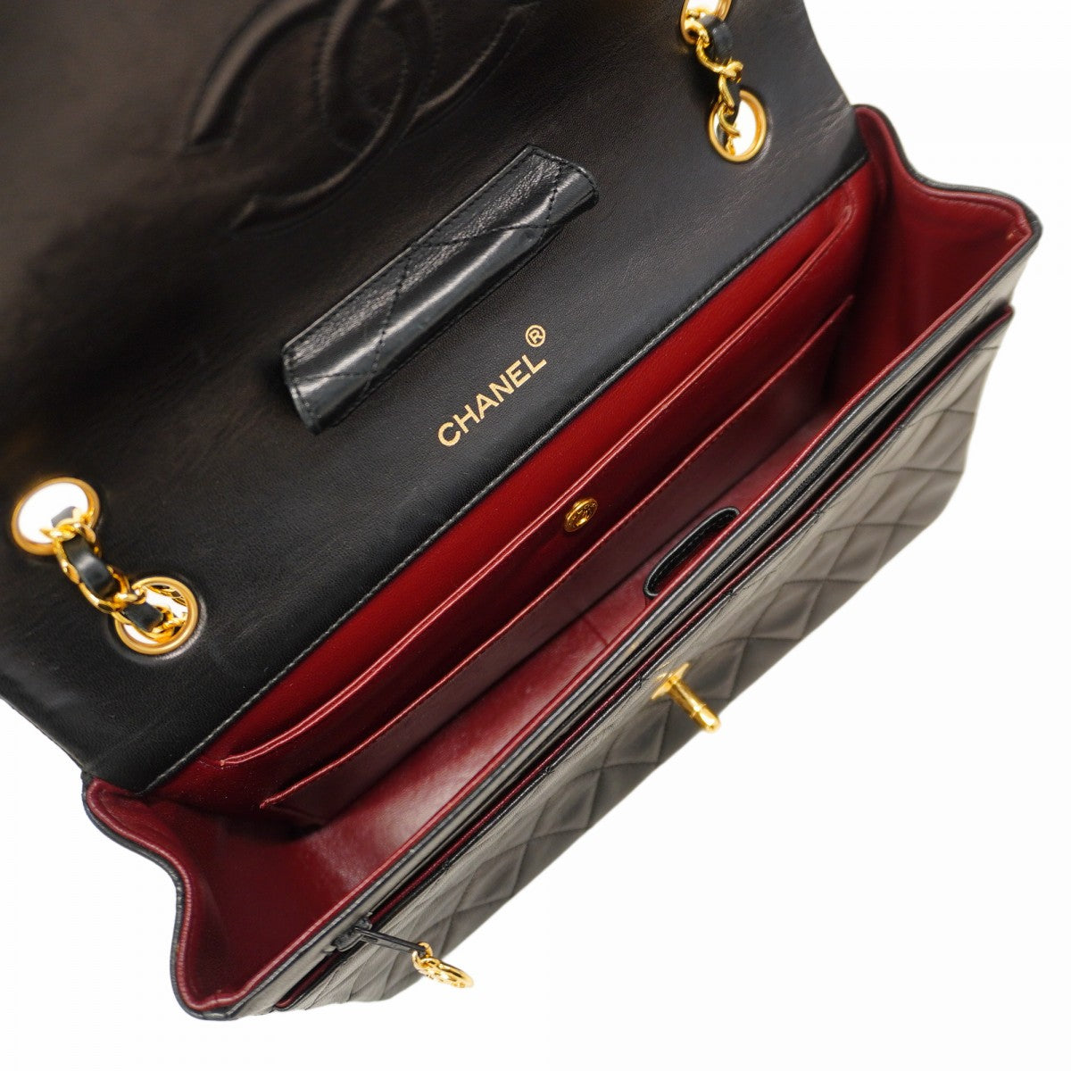 【5he4845-h】シャネル ショルダーバッグ マトラッセ Wチェーン ラムスキン ブラック ゴールド金具【中古】レディース