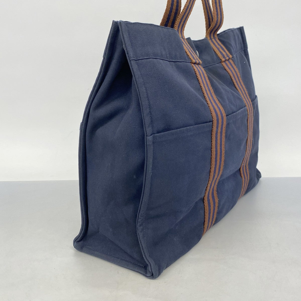 【5he5078-h】エルメス トートバッグ フールトゥGM キャンバス ネイビー シルバー金具【中古】メンズ レディース ユニセックス