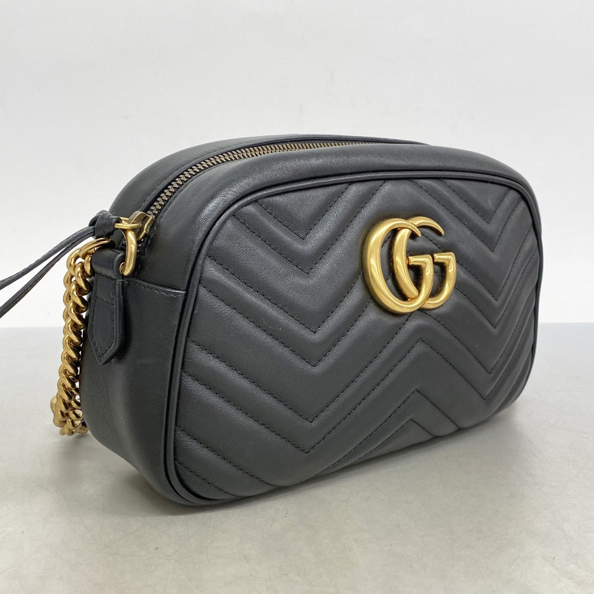 【5he5090-h】グッチ ショルダーバッグ GGマーモント 447632 レザー ブラック ゴールド金具【中古】レディース