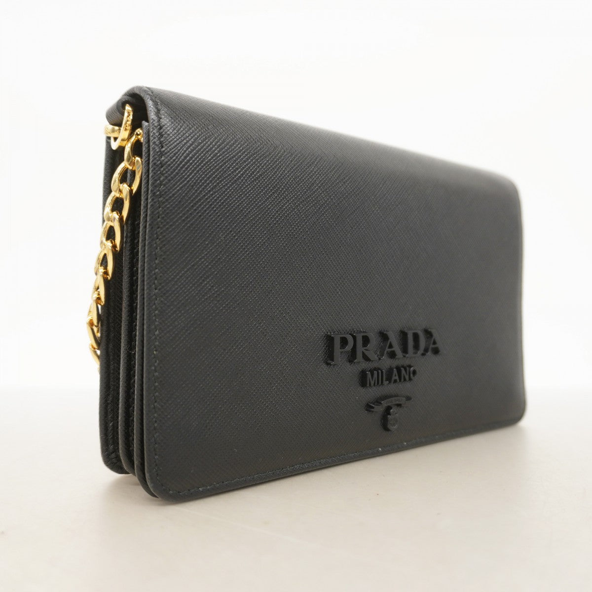 【5he5715】プラダ ショルダーウォレット サフィアーノ レザー ブラック ゴールド金具【中古】レディース
