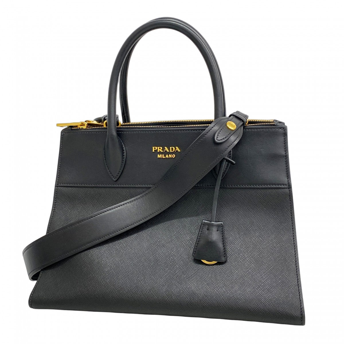 【5he5183-h】プラダ ハンドバッグ サフィアーノ レザー ブラック ゴールド金具【中古】レディース