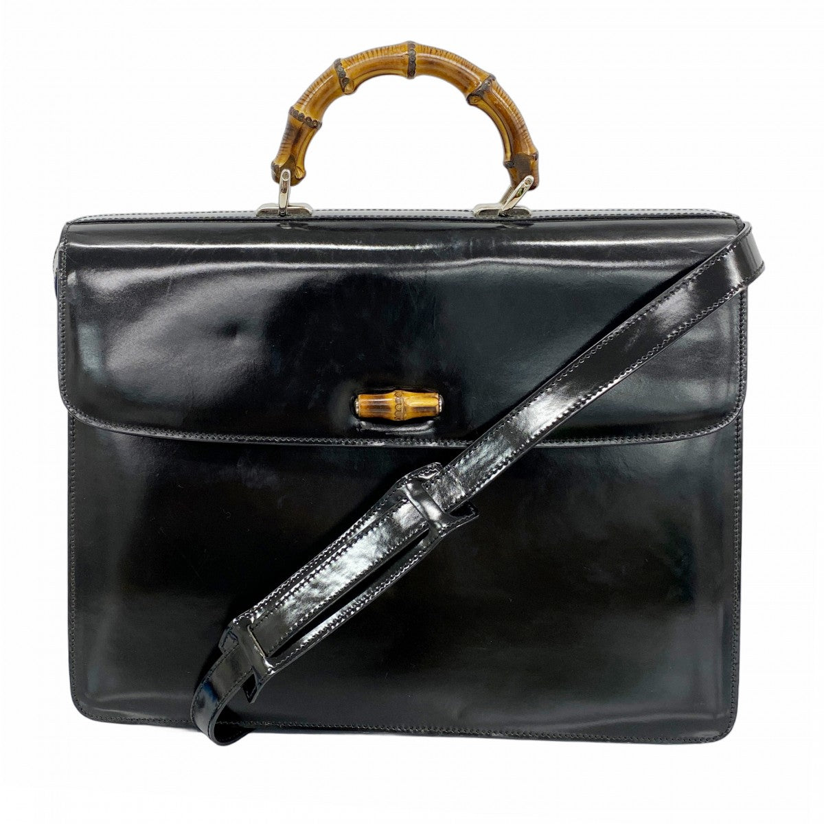 【5he5255-h】グッチ ブリーフケース バンブー 015 1046 3304 エナメル ブラック シルバー金具【中古】メンズ