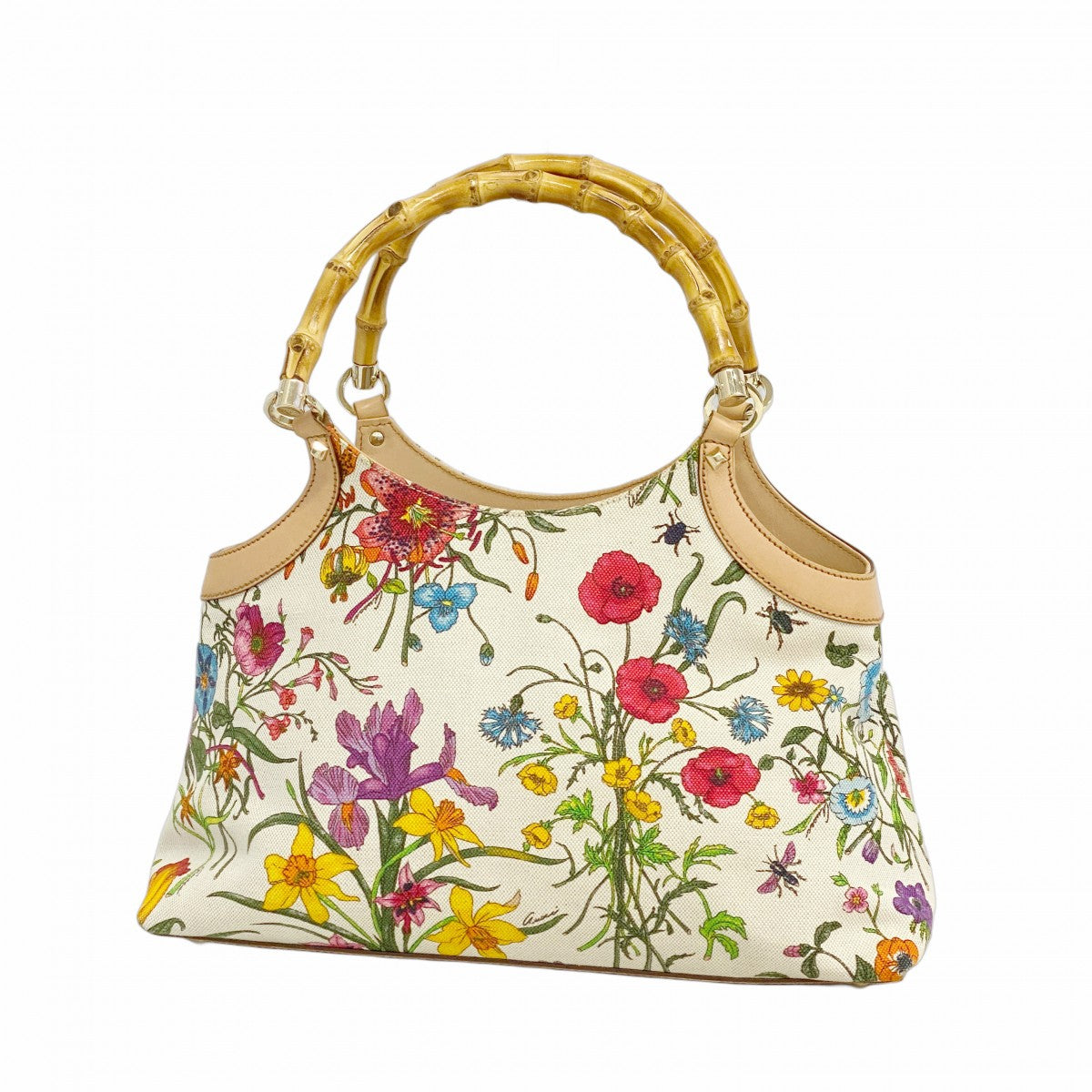 【5he5297-h】グッチ ハンドバッグ バンブー フローラ 137395 キャンバス ベージュ マルチカラー ゴールド金具【中古】レディース