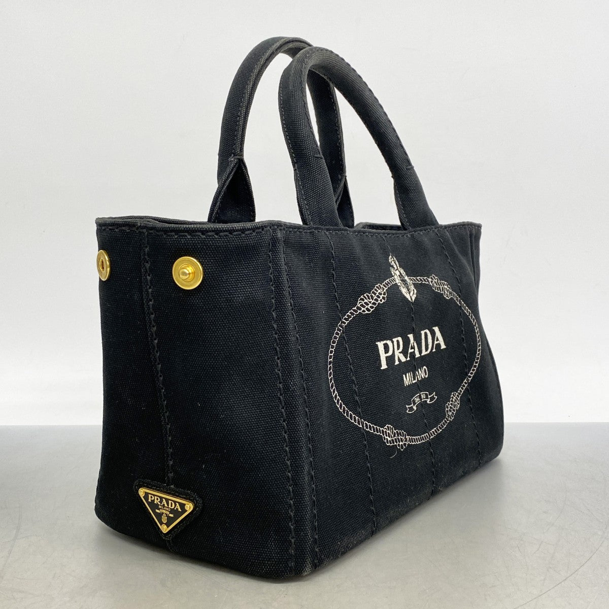 【5he5392-h】プラダ トートバッグ カナパ キャンバス ブラック ゴールド金具【中古】レディース