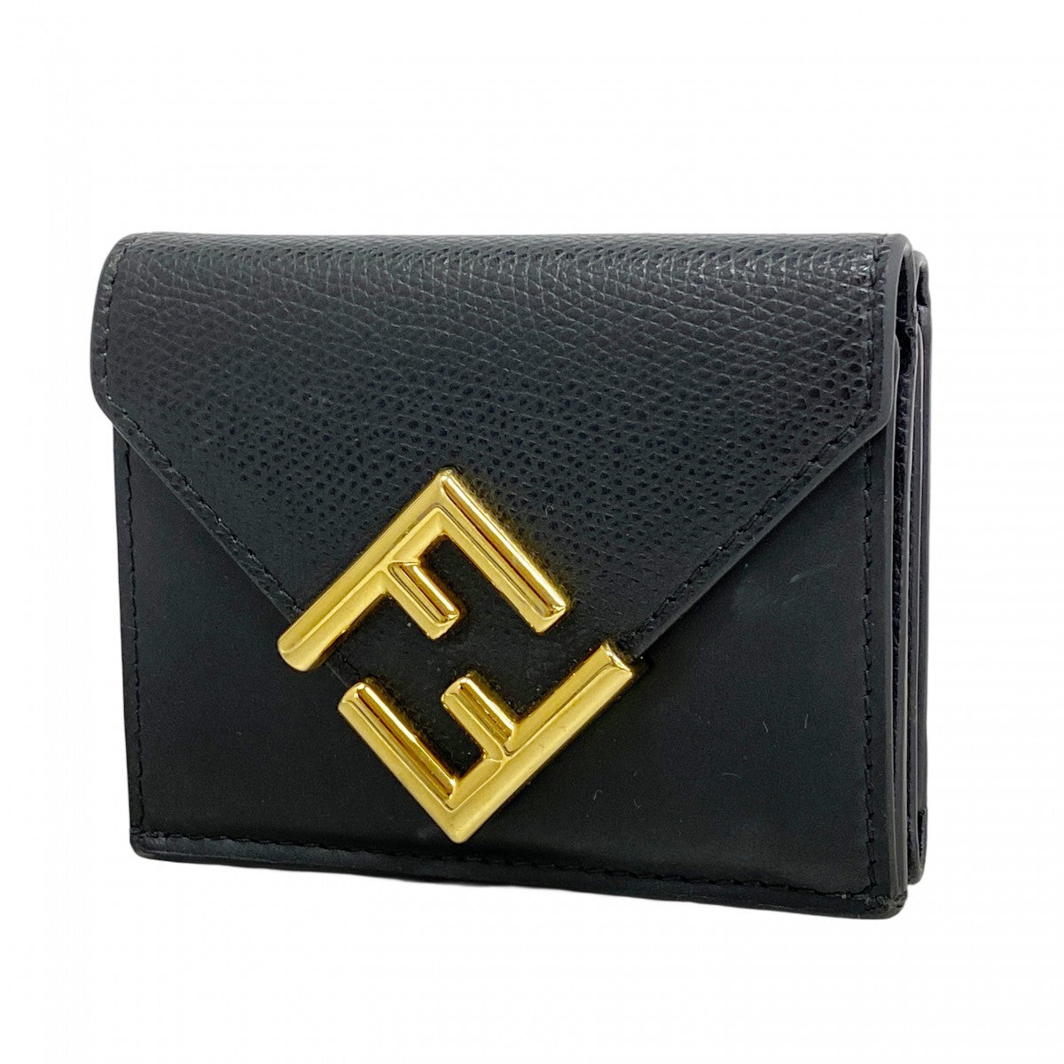 【5he5477-h】フェンディ 三つ折り財布 FFダイヤモンド レザー ブラック ゴールド金具【中古】レディース