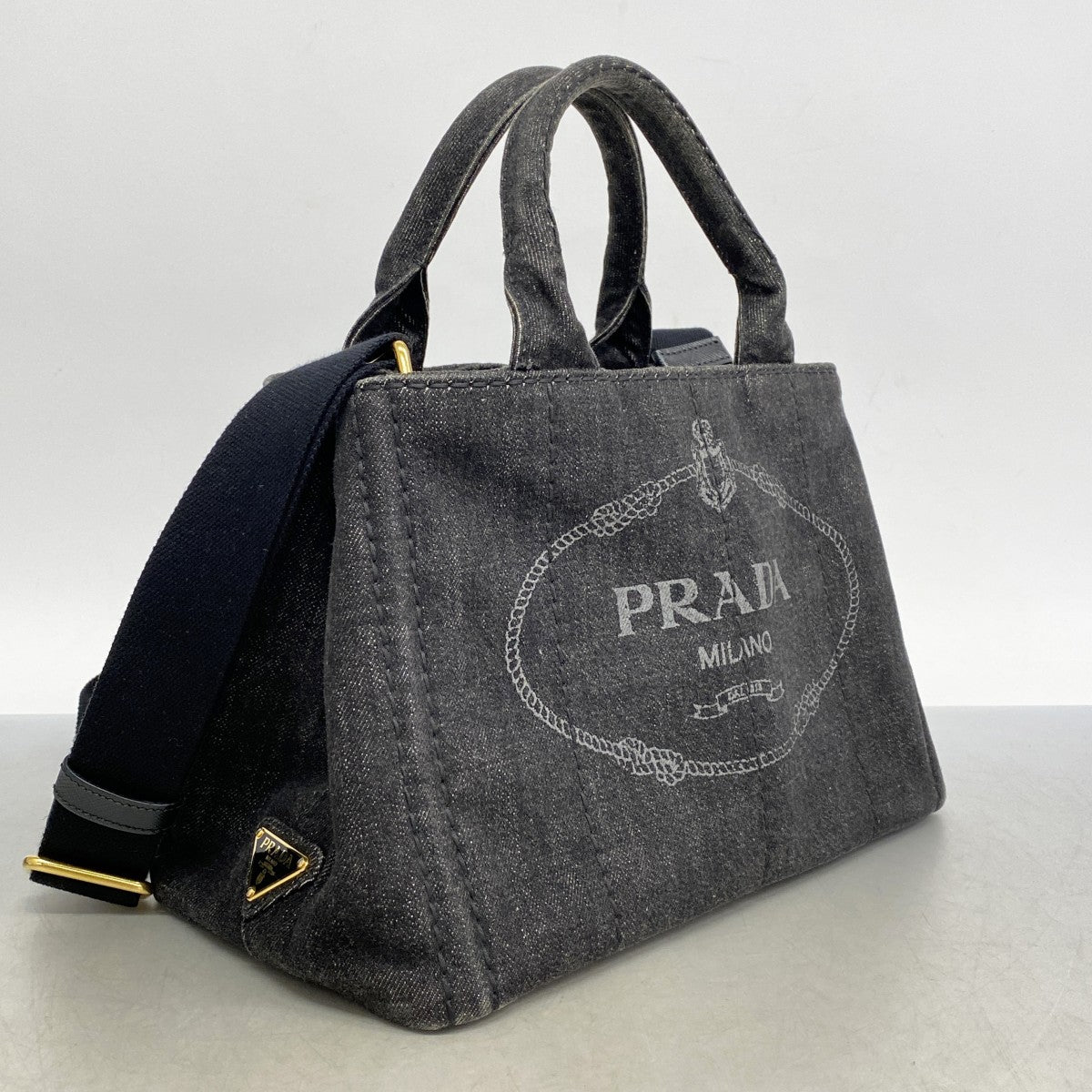【5he5587-h】プラダ トートバッグ カナパ デニム ブラック ゴールド金具【中古】レディース