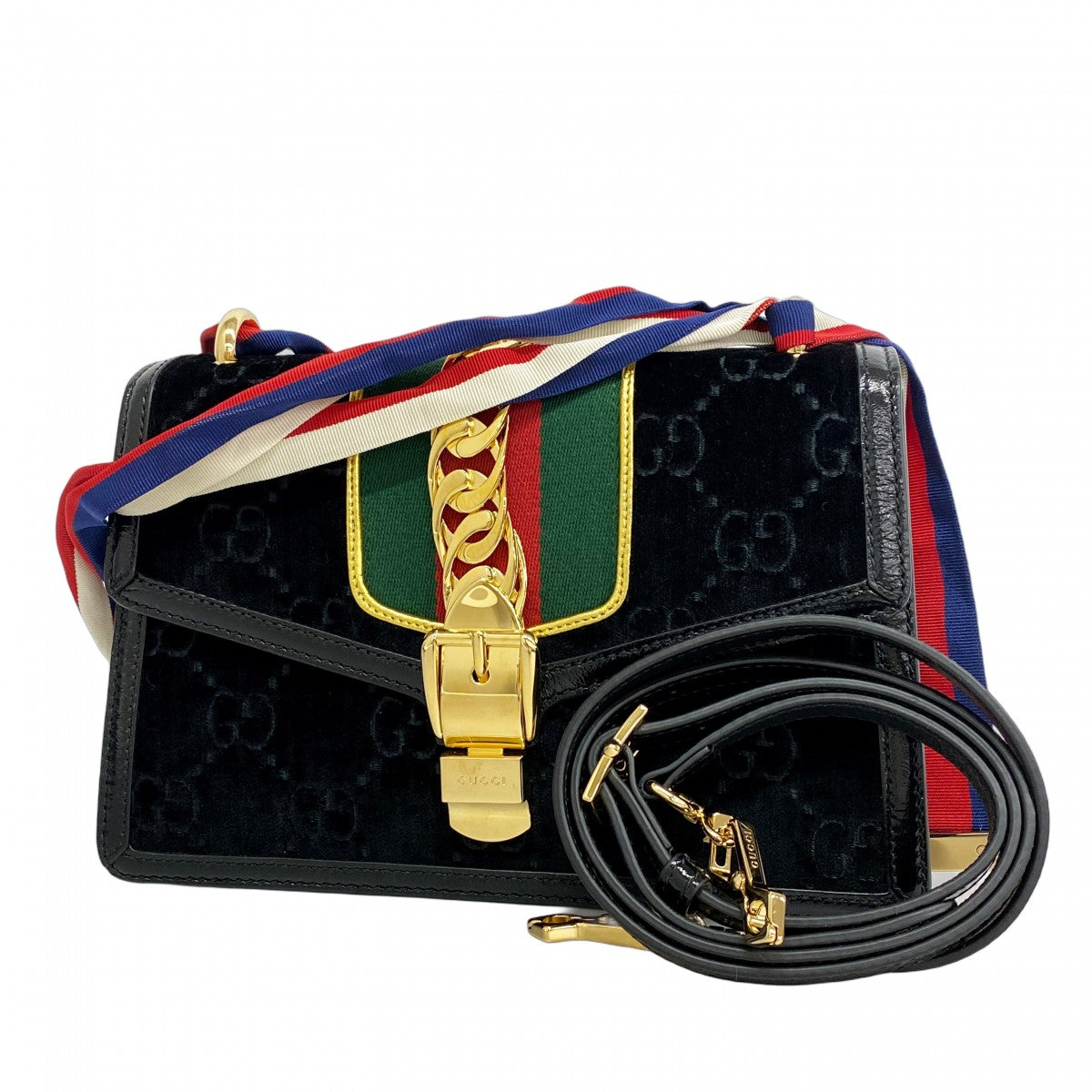 【5he5834】グッチ ショルダーバッグ シルヴィ 524405 ベロア ブラック ゴールド金具【中古】レディース