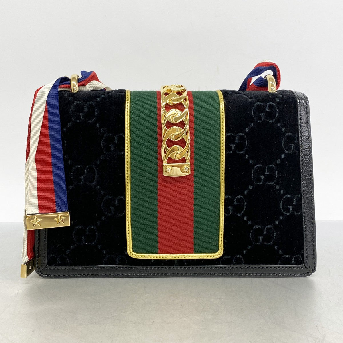 【5he5834】グッチ ショルダーバッグ シルヴィ 524405 ベロア ブラック ゴールド金具【中古】レディース