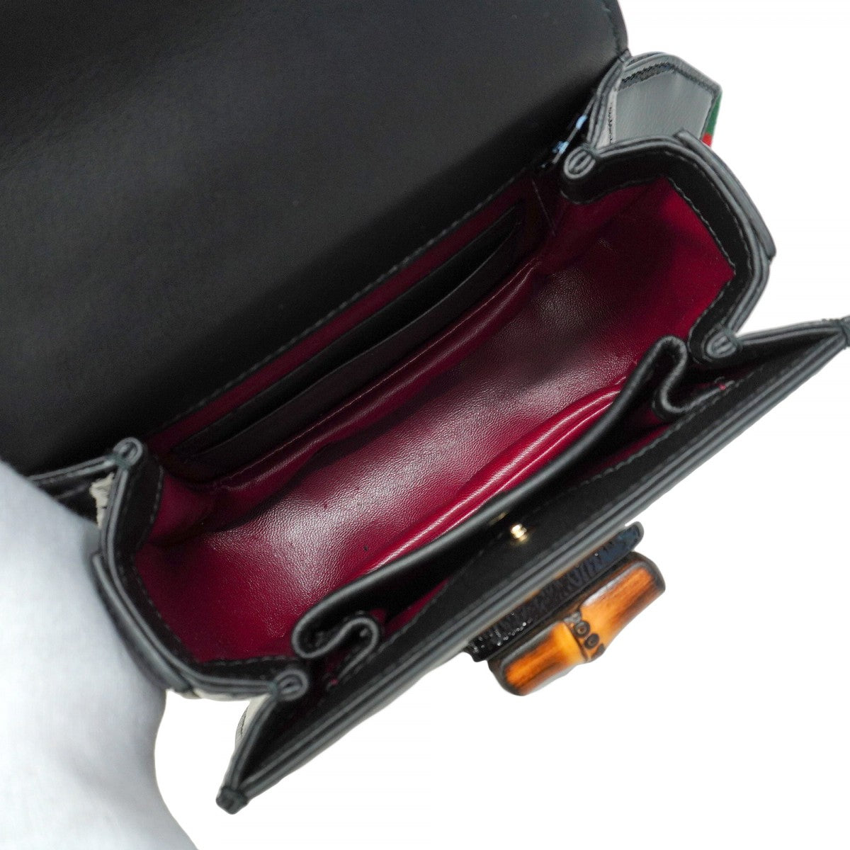 【5he5853】グッチ ハンドバッグ バンブー 1947 786482 エナメル ブラック シャンパンゴールド金具【中古】レディース