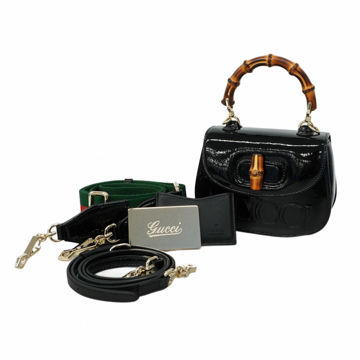 【5he5853】グッチ ハンドバッグ バンブー 1947 786482 エナメル ブラック シャンパンゴールド金具【中古】レディース