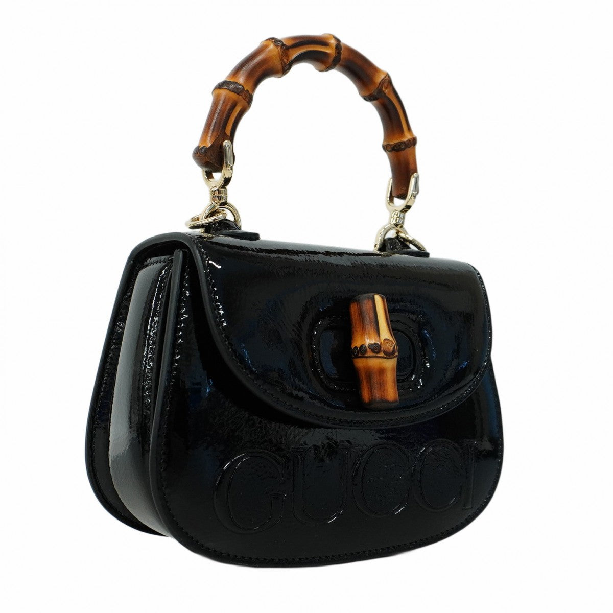 【5he5853】グッチ ハンドバッグ バンブー 1947 786482 エナメル ブラック シャンパンゴールド金具【中古】レディース