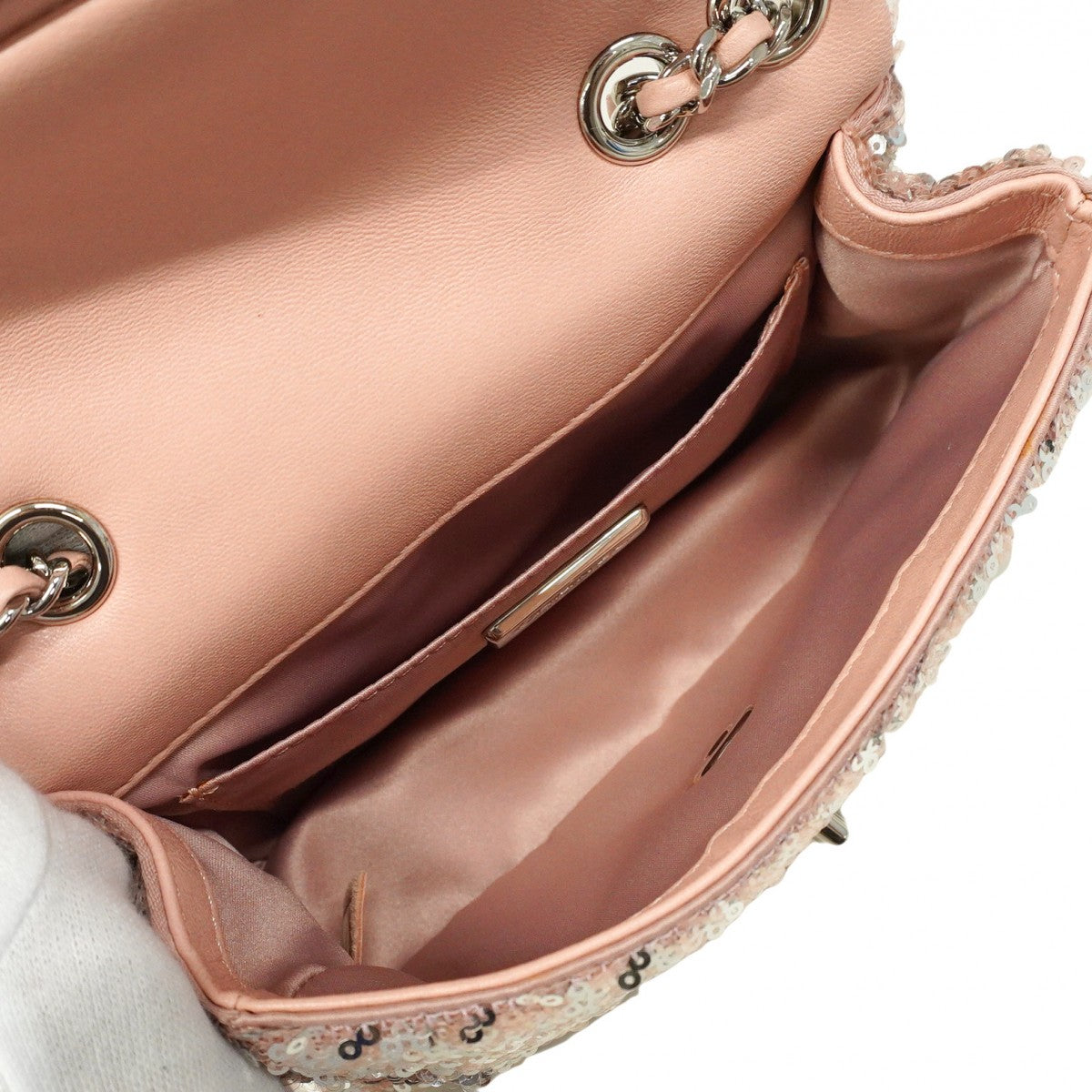 【5ia0330】シャネル ショルダーバッグ Wチェーン スパンコール ピンク シルバー金具【中古】レディース