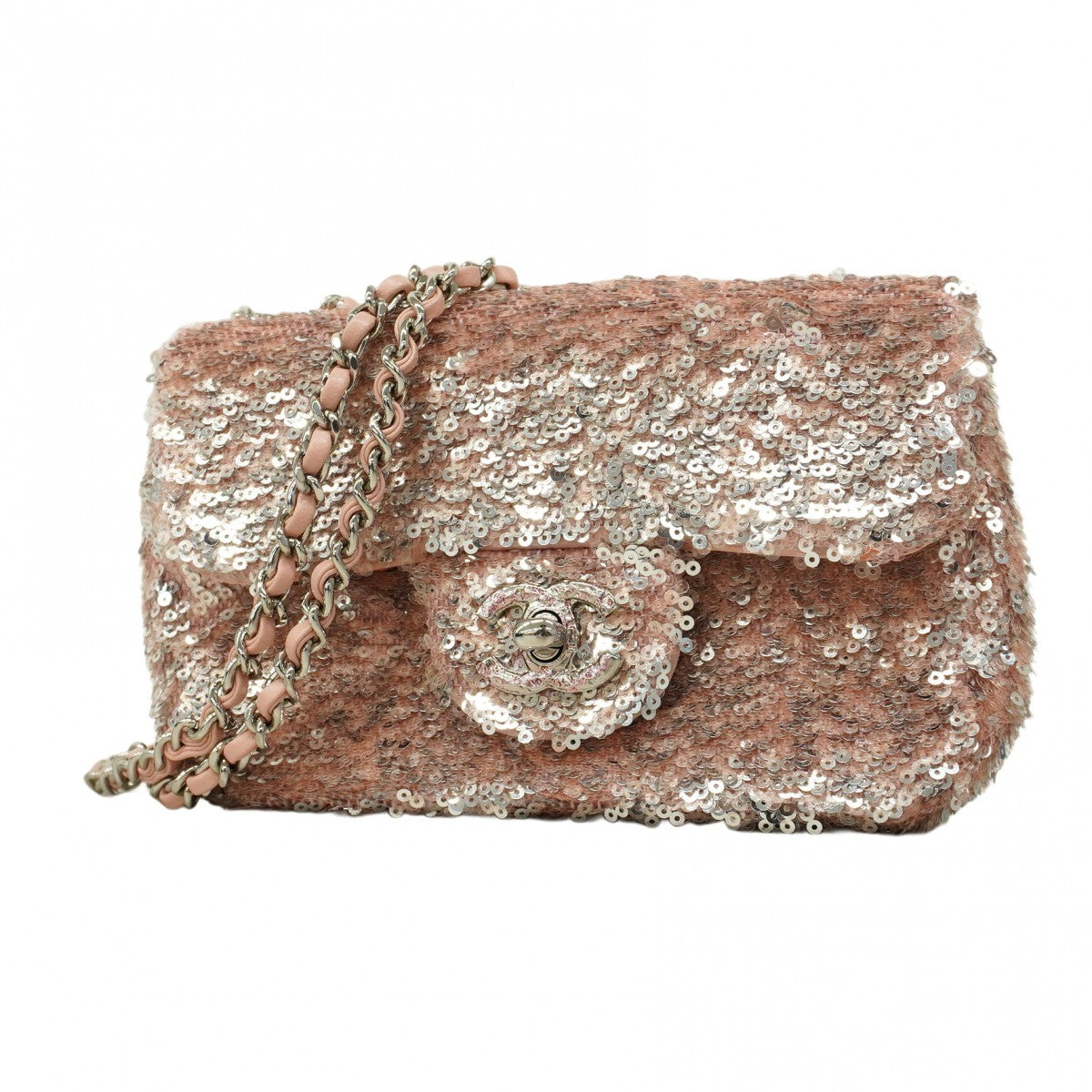【5ia0330】シャネル ショルダーバッグ Wチェーン スパンコール ピンク シルバー金具【中古】レディース