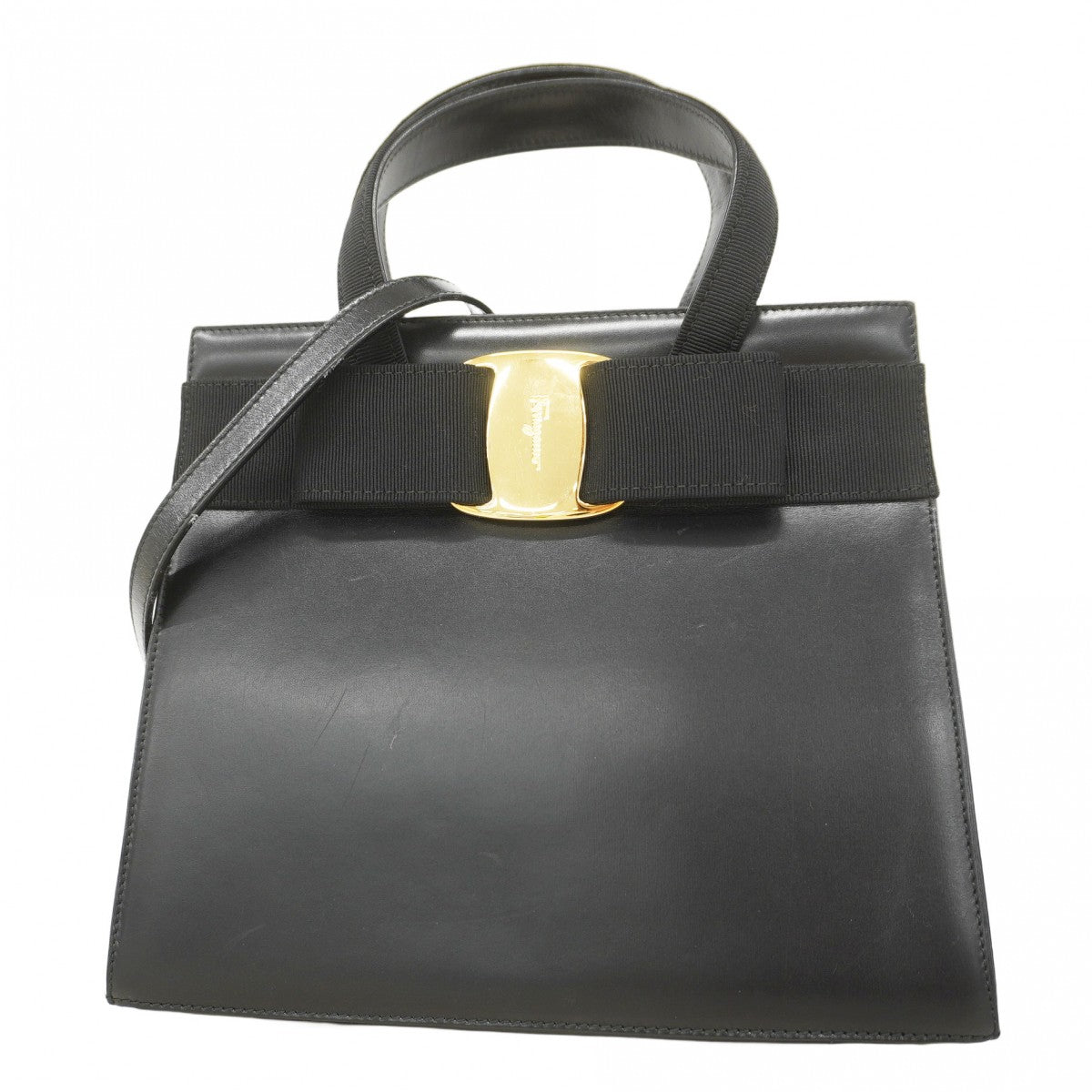 【5ib2214-h】サルヴァトーレフェラガモ ハンドバッグ ヴァラ レザー ブラック ゴールド金具【中古】レディース