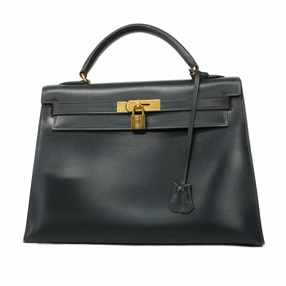 【5ic2744-h】エルメス ハンドバッグ ケリー32 ボックスカーフ ネイビー ゴールド金具 〇M刻印【中古】レディース