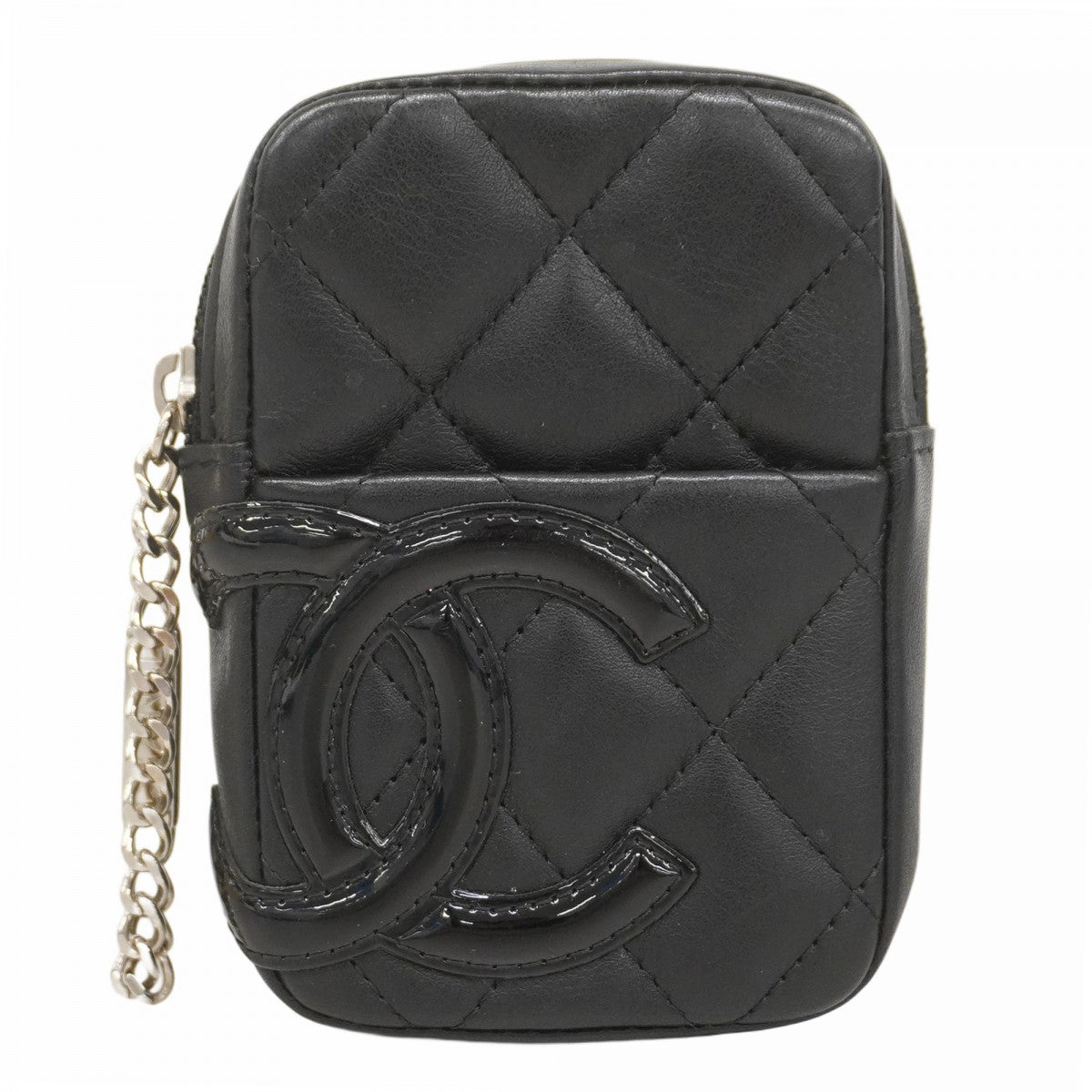【5ic3739】シャネル ポーチ カンボン ラムスキン パテントレザー ブラック シルバー金具【中古】レディース