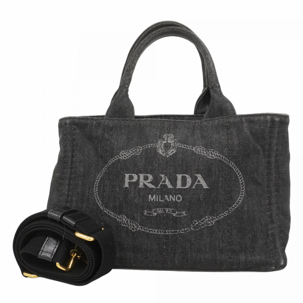 【極美品】プラダ　カナパ　ハンドバッグ　三角ロゴ　ゴールド金具　デニム　ブラック 極 美品 袋付 PRADA プラダ カナパ ロボット 三角ロゴ 金具