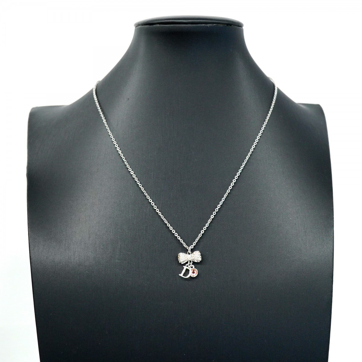 【5jgb0477】クリスチャンディオール ネックレス Dロゴ リボンモチーフ メタル ラインストーン シルバー ピンク【中古】レディース