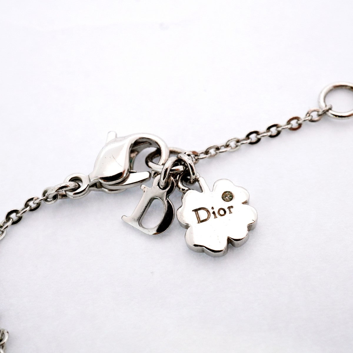 【5jgb0477】クリスチャンディオール ネックレス Dロゴ リボンモチーフ メタル ラインストーン シルバー ピンク【中古】レディース