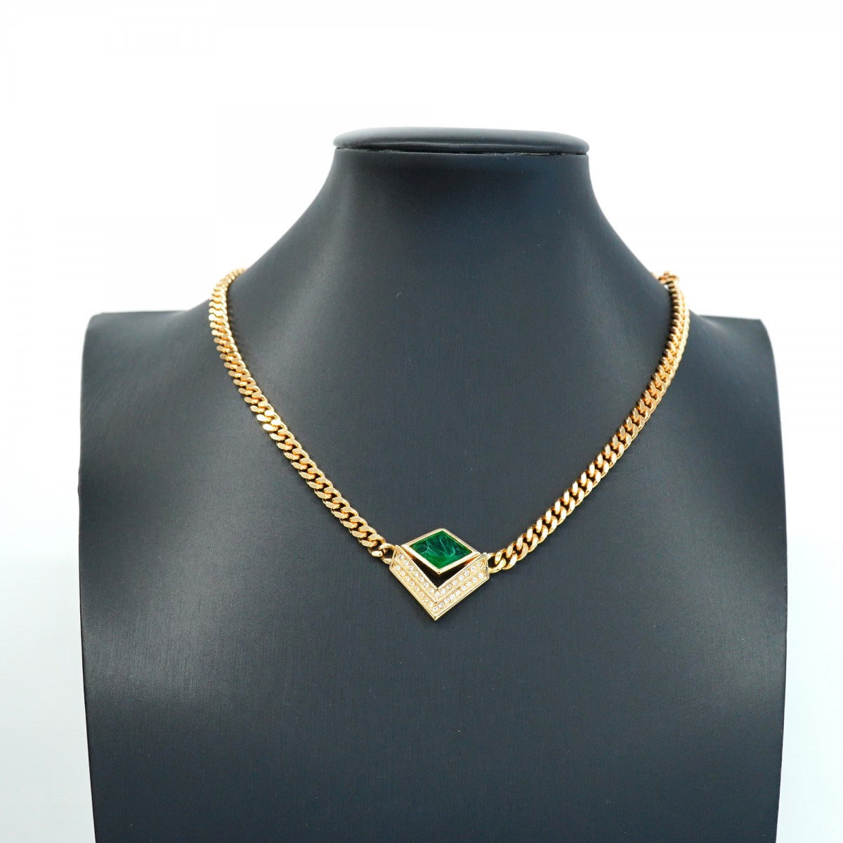 【5jgb0512】クリスチャンディオール ネックレス GPメッキ ラインストーン カラーストーン ゴールド グリーン【中古】レディース