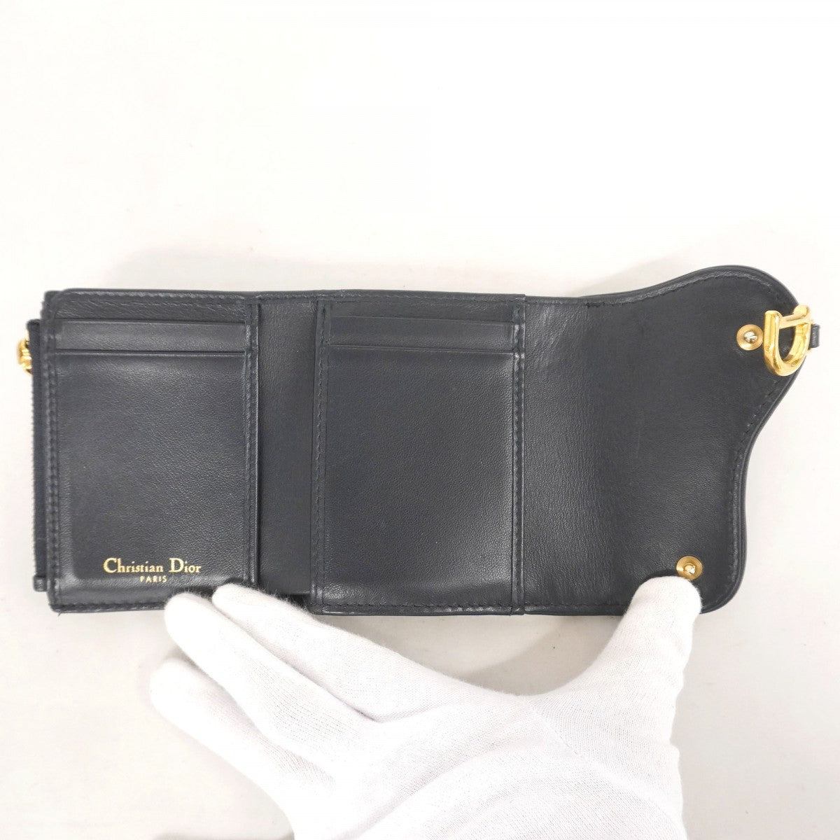 【5mb1265-h】クリスチャンディオール 三つ折り財布 オリーブ サドル ラベンダー ネイビー ゴールド金具【中古】レディース