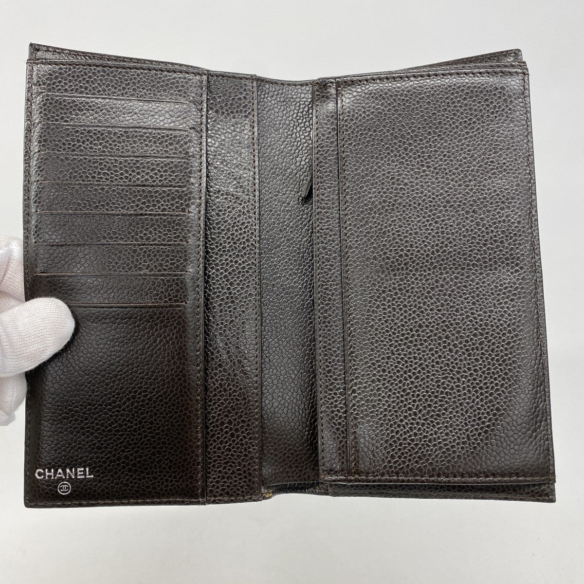 【5mb1660】シャネル 長財布 キャビアスキン ブラウン シルバー金具【中古】レディース