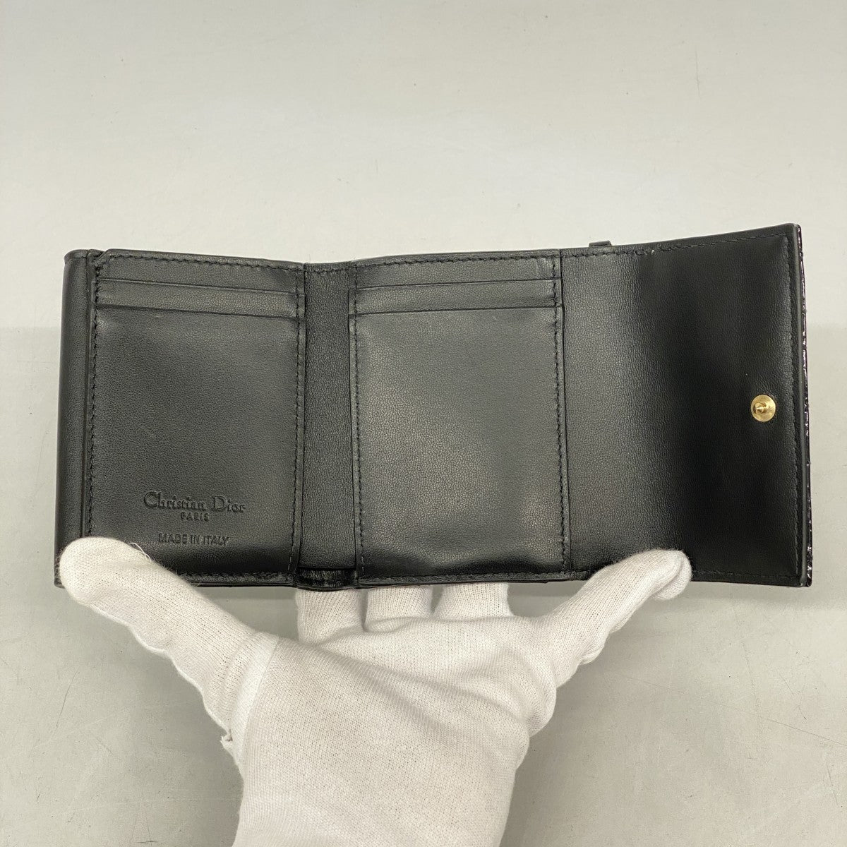★SALE【5mb2152-h】クリスチャンディオール 三つ折り財布 カナージュ エナメル ブラック シャンパンゴールド金具【中古】レディース