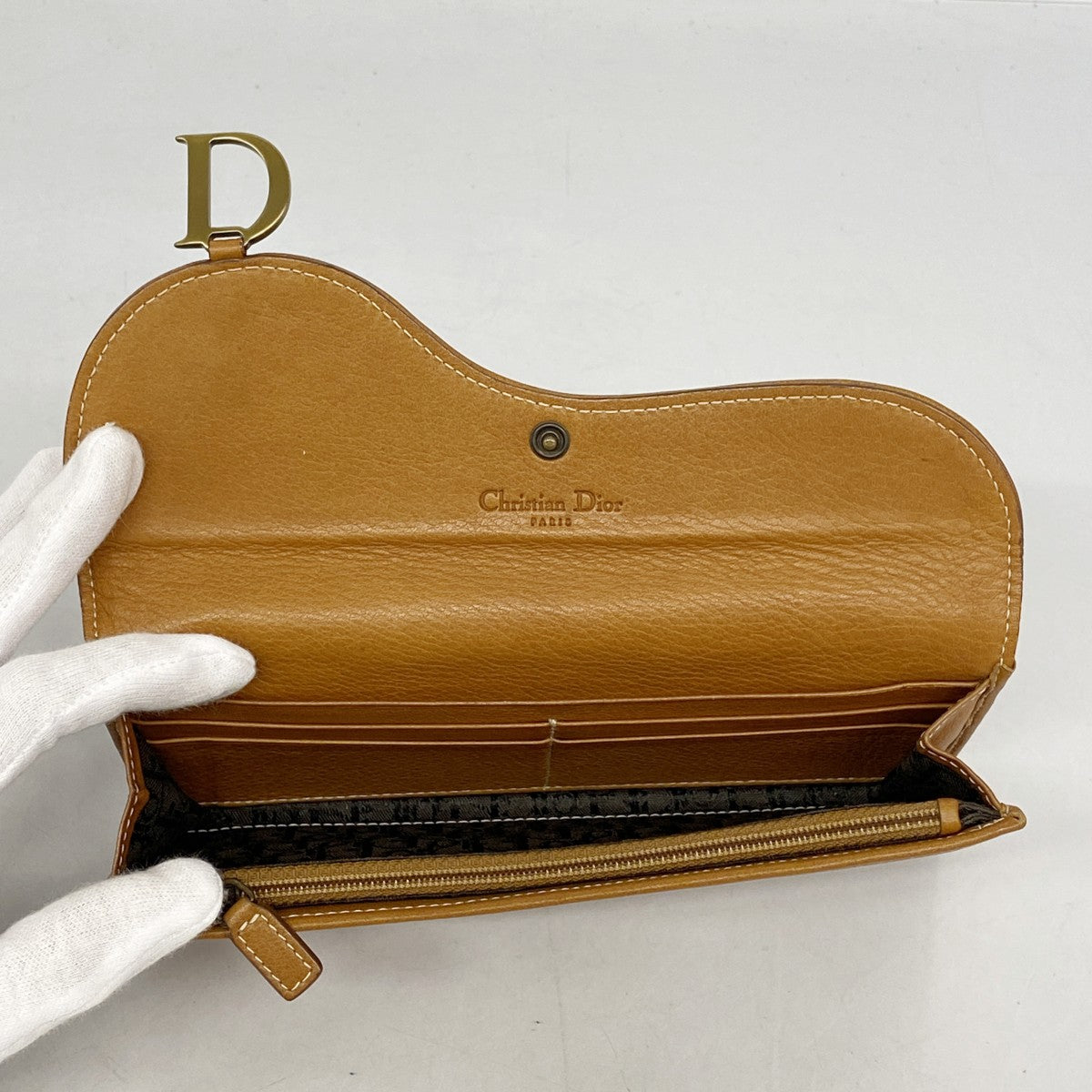 【5mc2480-h】クリスチャンディオール 長財布 サドル レザー ブラウン ゴールド金具【中古】レディース